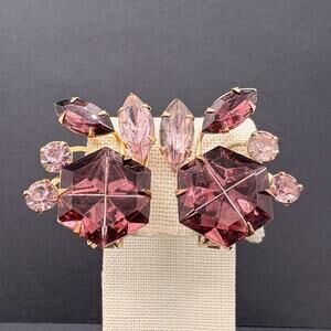 Vintage Beau Jewels Purple Rhinestones Prong Gold Tone Clip On Earrings Floral